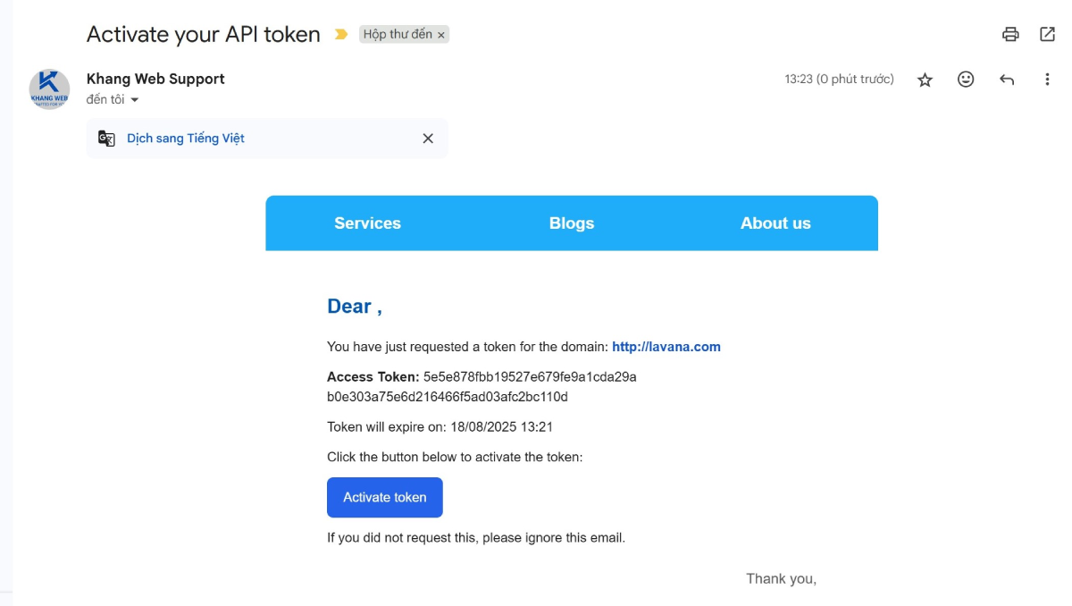 Email k&iacute;ch hoạt token