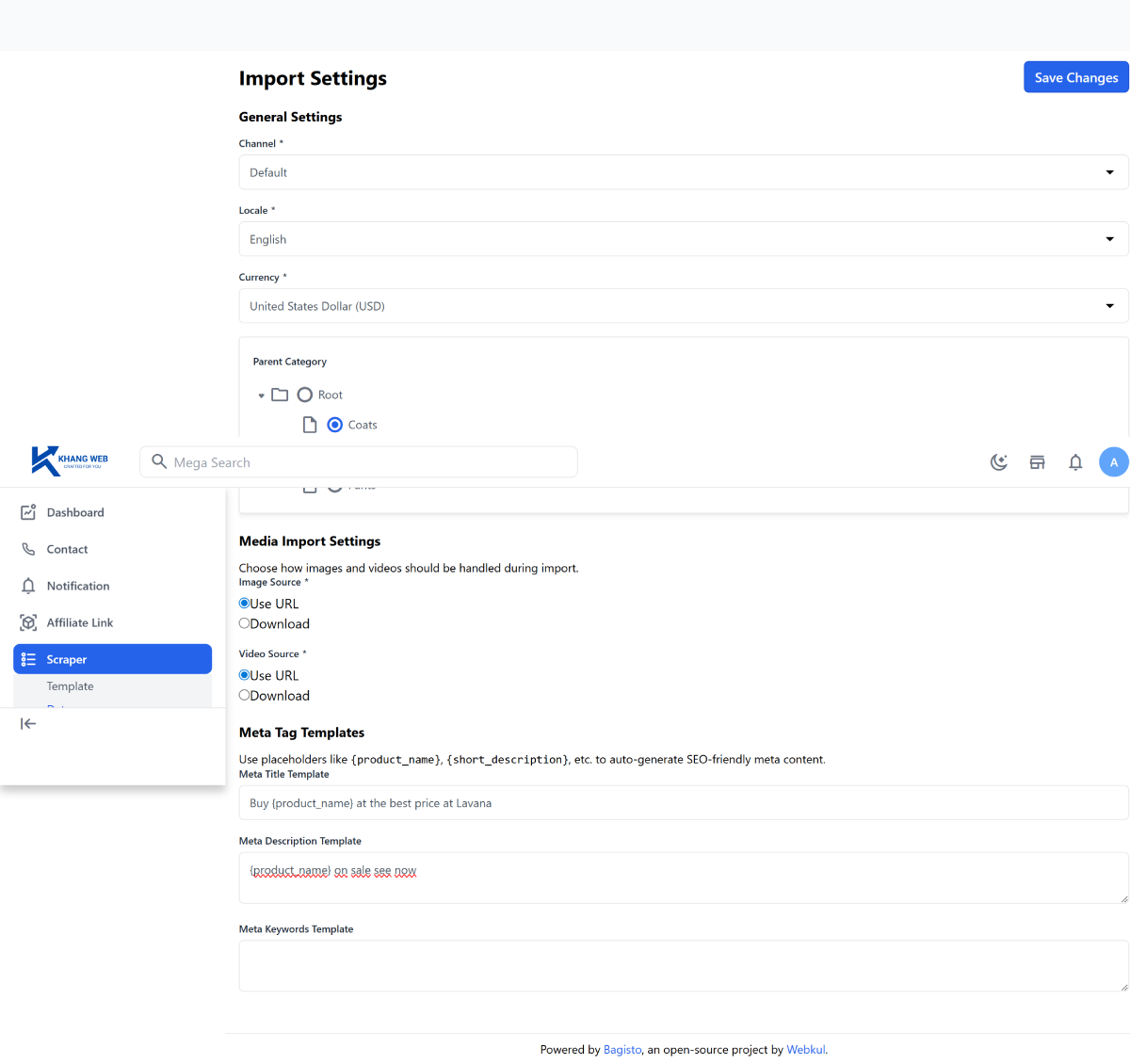 Giao diện trang Scraper Setting
