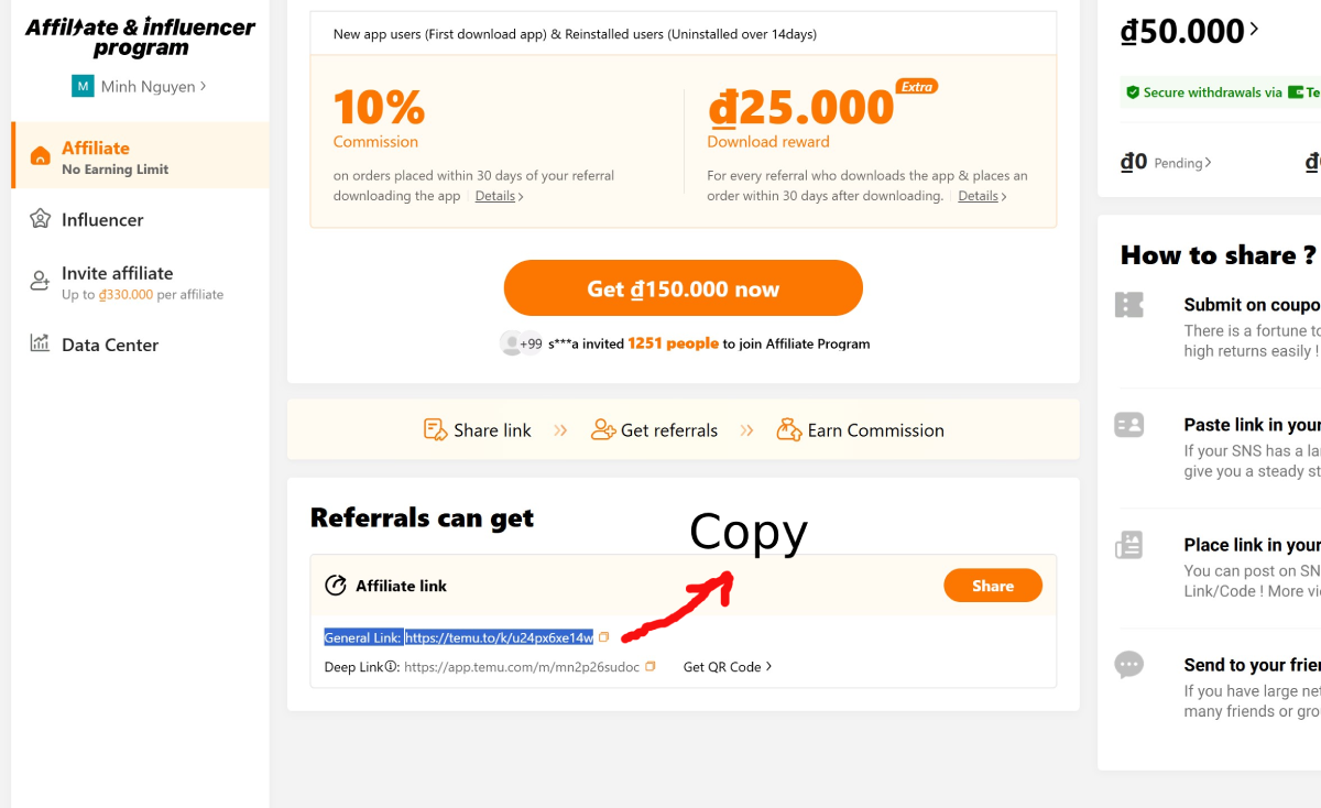 Giao diện chương tr&igrave;nh affiliate của Temu