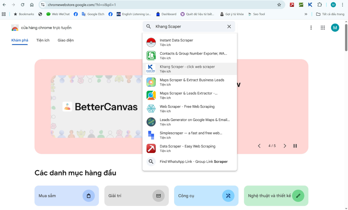 Giao diện Khang Scraper tr&ecirc;n Chrome Web Store