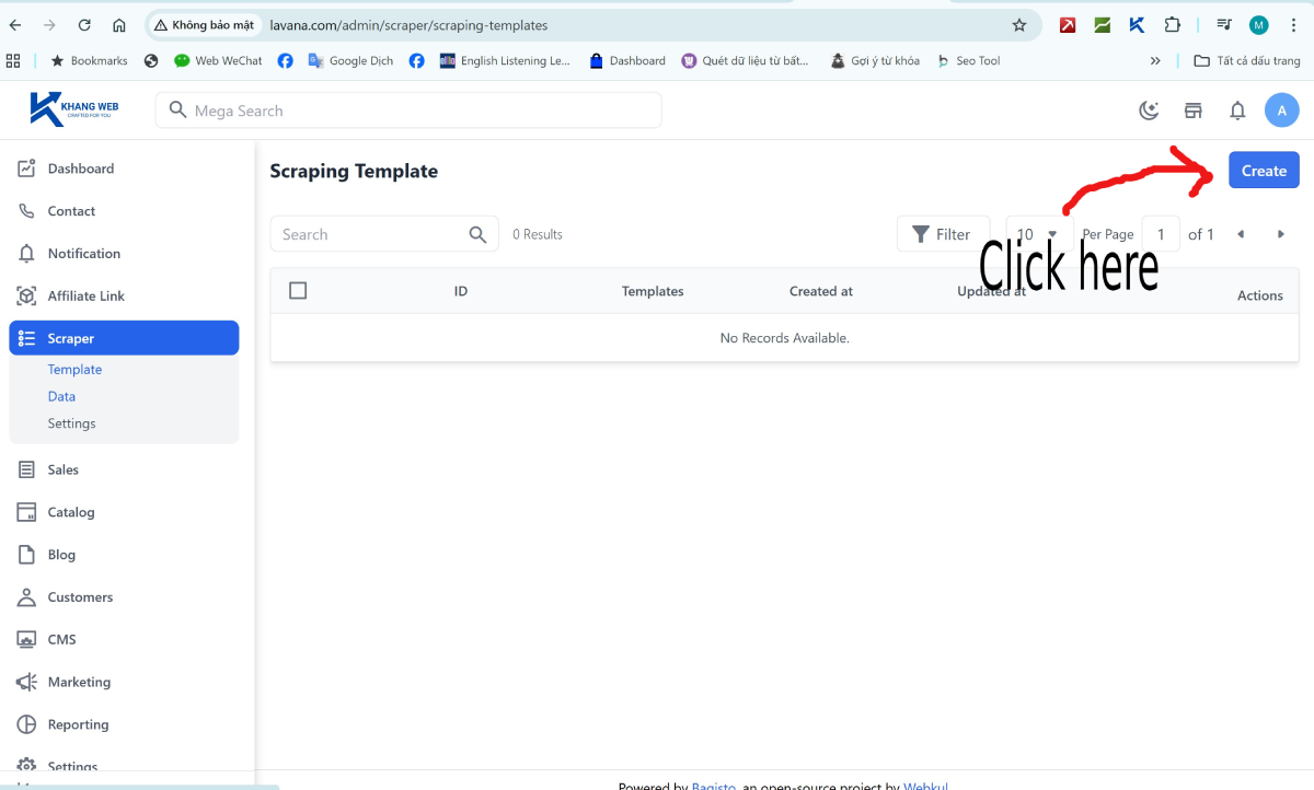 Giao diện admin của Khang Scraper