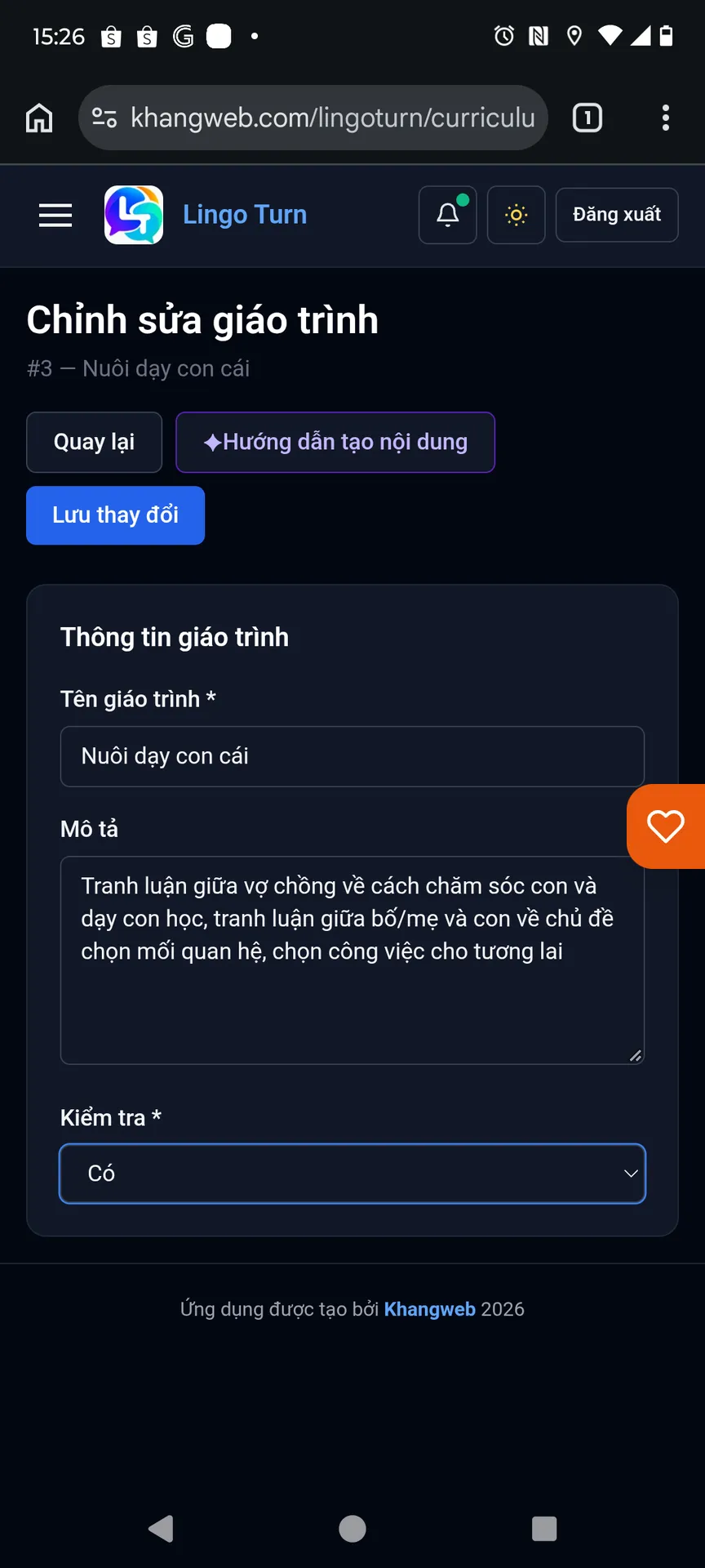 Màn hình tạo giáo trình