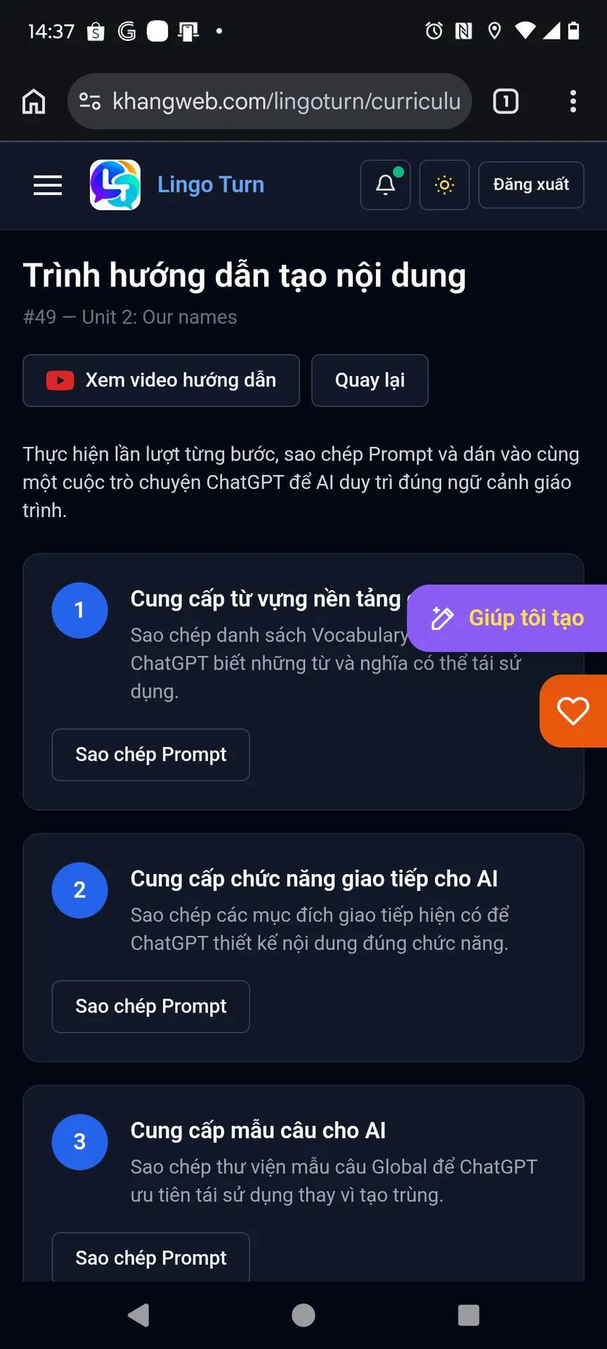 Màn hình Trình hướng dẫn tạo nội dung