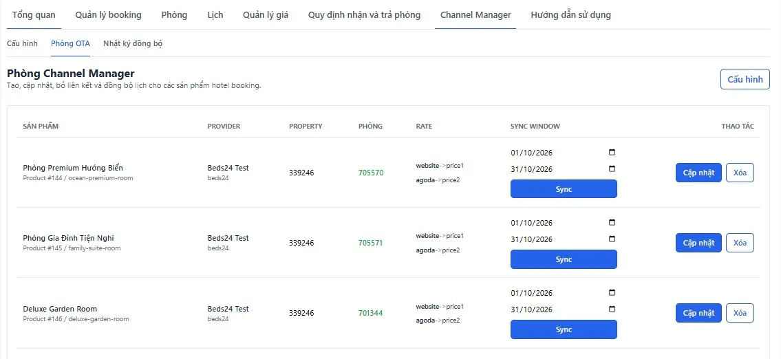 Tab phòng OTA - gắn hạng phòng với OTA