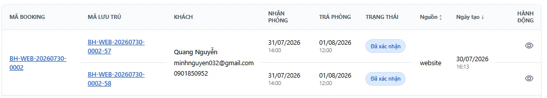 Danh sách booking với nhiều lượt lưu trú