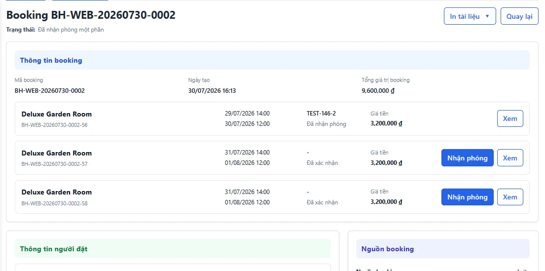 Trang chi tiết booking hiển thị các lượt lưu trú