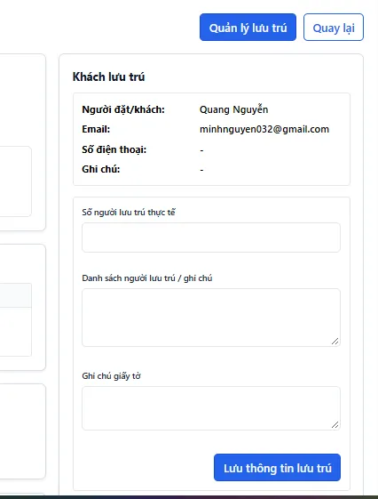 Form nhập thông tin lưu trú thực tế