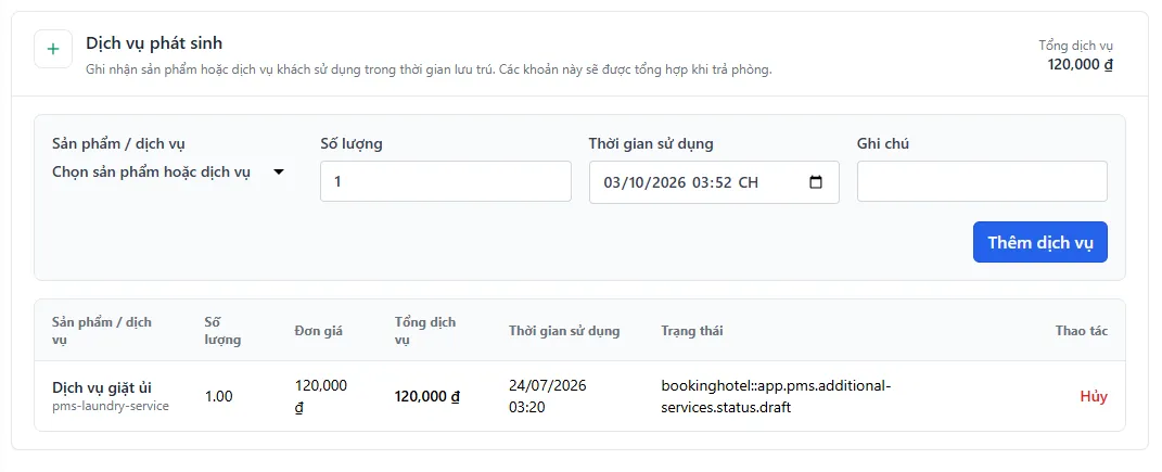 Trang Quản lý lưu trú - khối Dịch vụ phát sinh