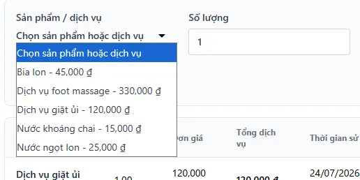 Dropdown chọn sản phẩm dịch vụ