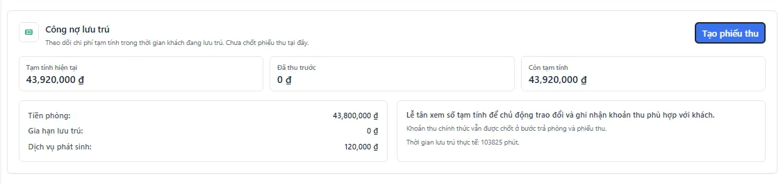 Khối Công nợ lưu trú hiển thị tình hình chi phí