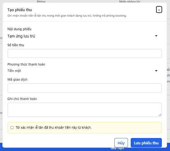Popup Tạo phiếu thu - form điền thông tin
