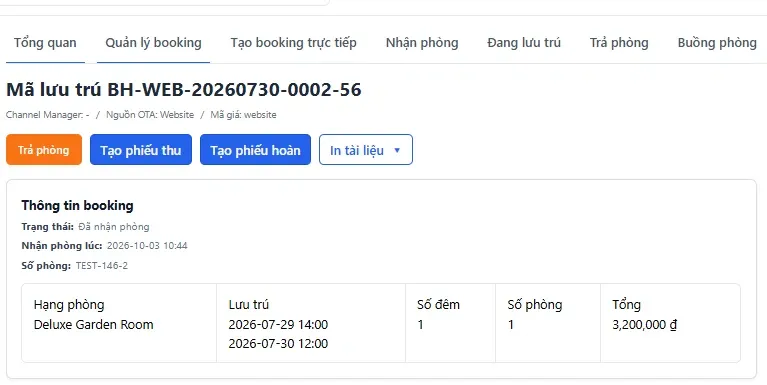 Trang chi tiết lượt lưu trú - nút Trả phòng