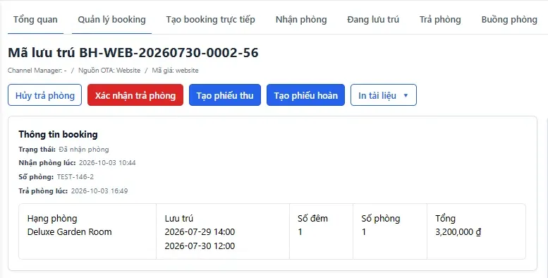 Trang chi tiết lượt lưu trú - sau khi bấm Trả phòng