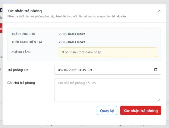 Popup Xác nhận trả phòng
