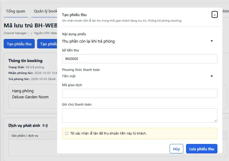Popup Tạo phiếu thu khi trả phòng