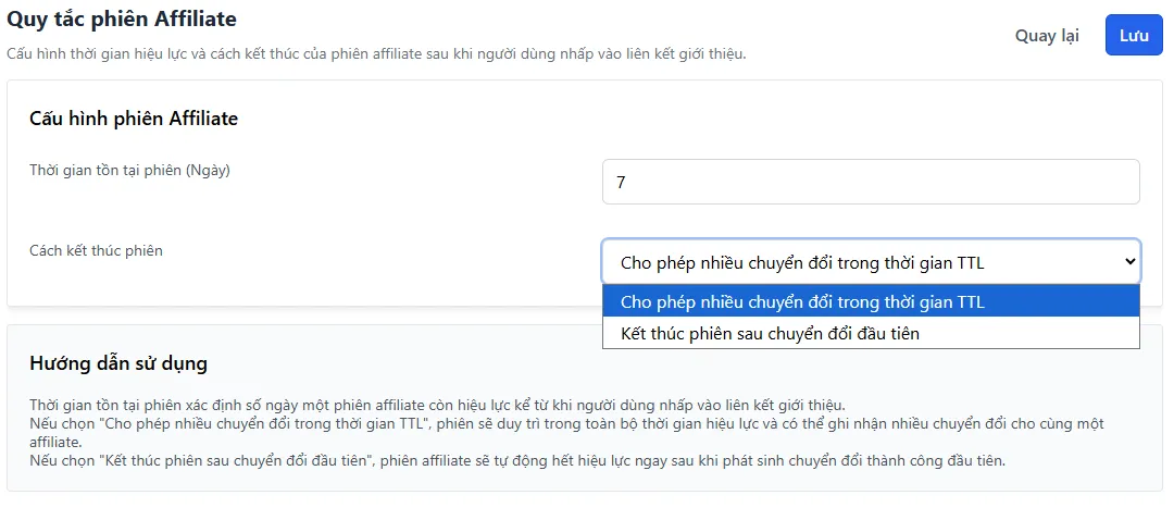 Màn hình Quy tắc phiên Affiliate