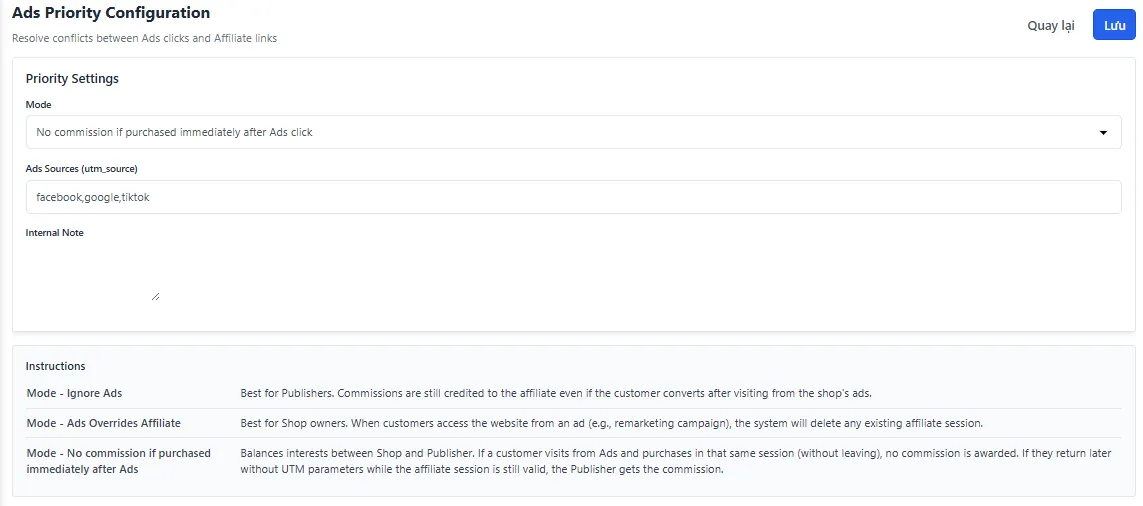 Màn hình Ads Priority Configuration