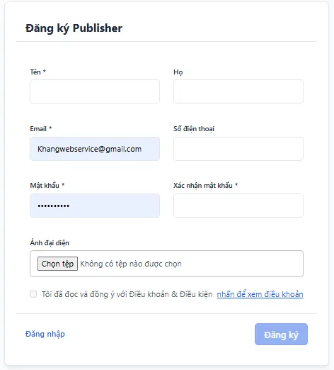 Trang đăng ký Publisher