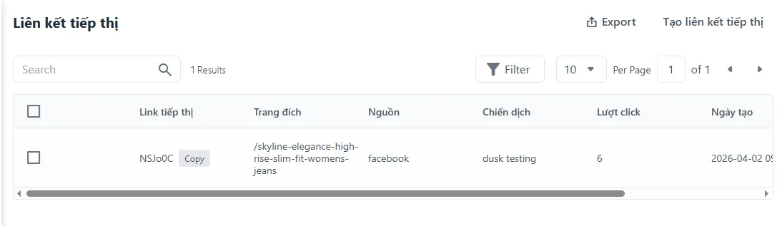 Danh sách deeplink đã tạo