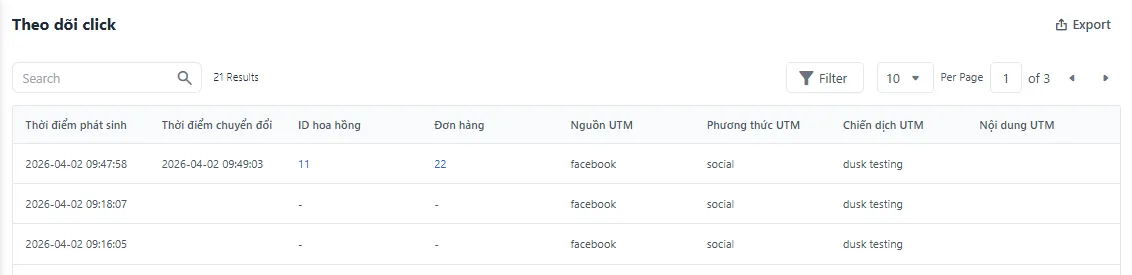 Trang theo dõi lượt click