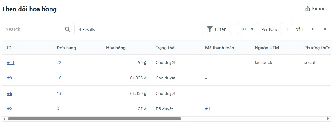 Trang theo dõi hoa hồng