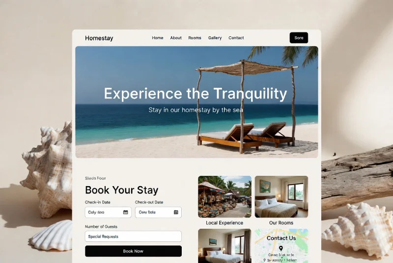 modern homestay beach website interface, storytelling layout, booking section, local experience content, light and airy design, coastal color palette