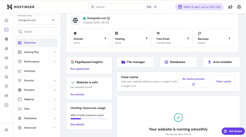 H&igrave;nh ảnh trang quản trị Hostinger